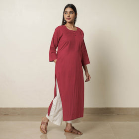 Red - plain cotton pintuck long kurta 27 - handcrafted