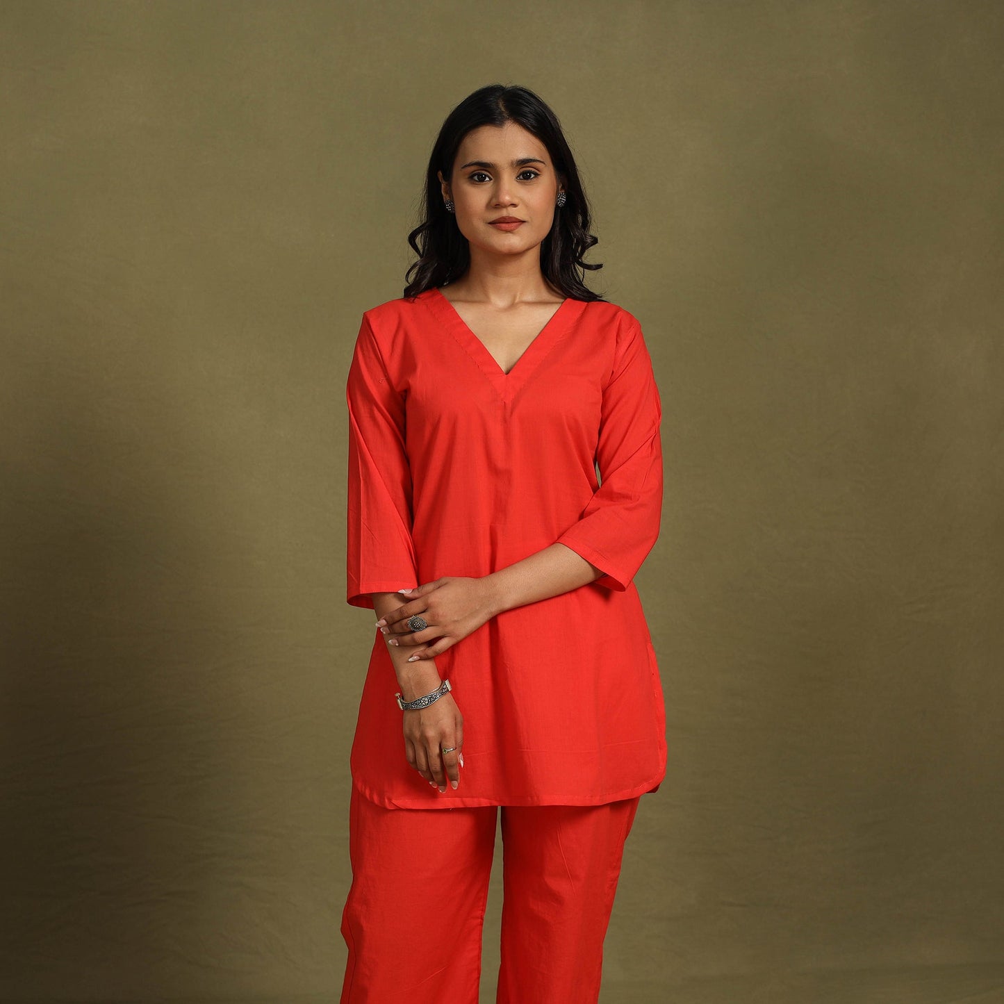 Red Plain Dyed Cotton Co-Ord Set