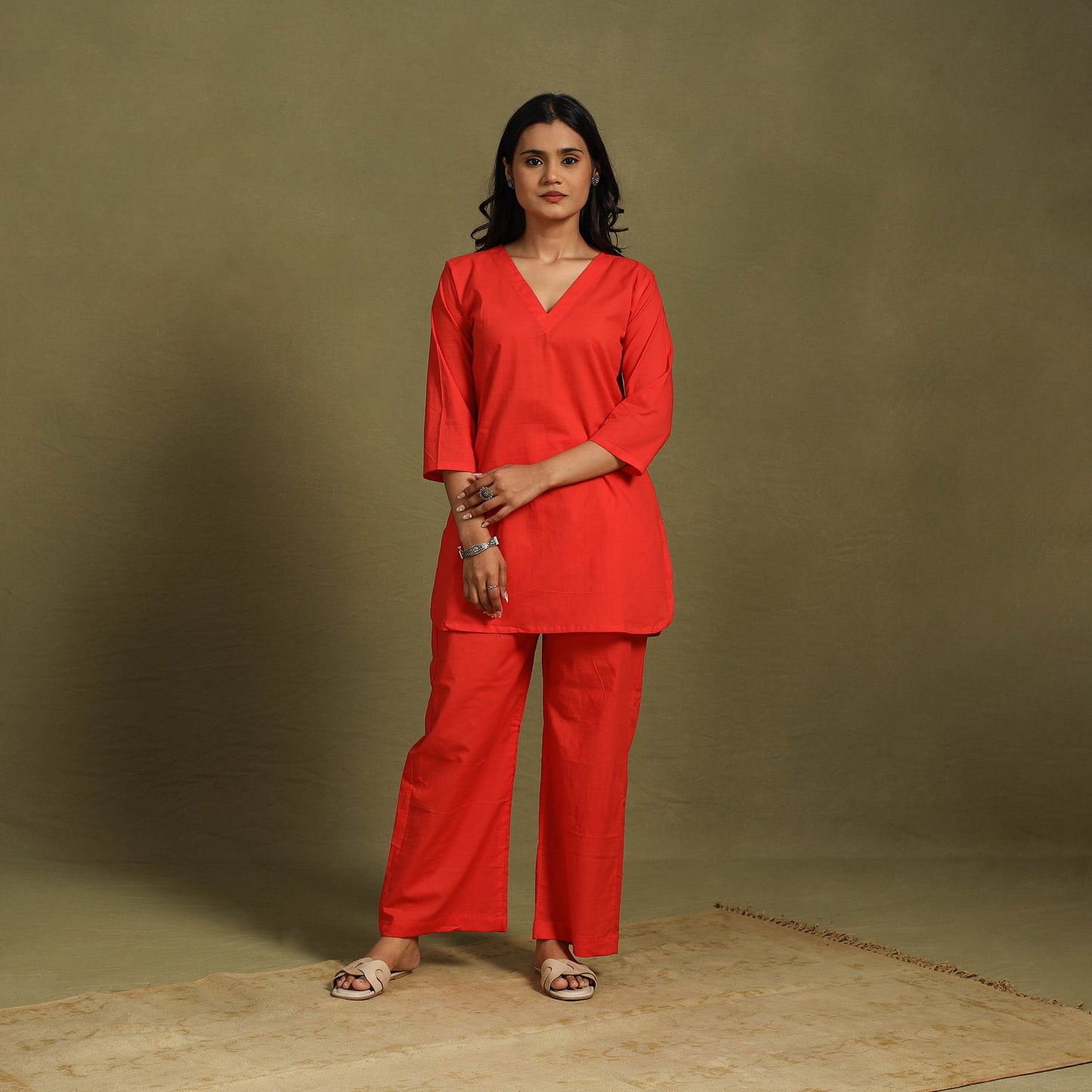 Red Plain Dyed Cotton Co-Ord Set
