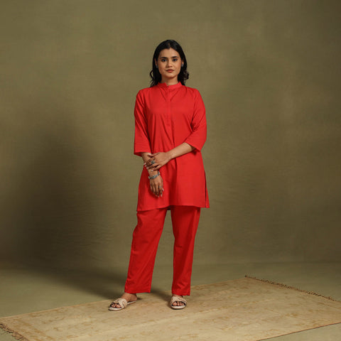 Red - plain dyed cotton co-ord set 09 - handcrafted