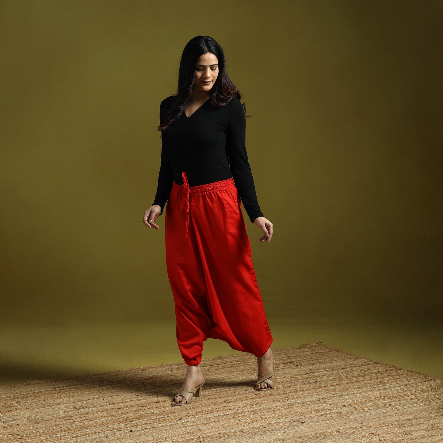 Red - plain flex cotton elasticated harem pant 15