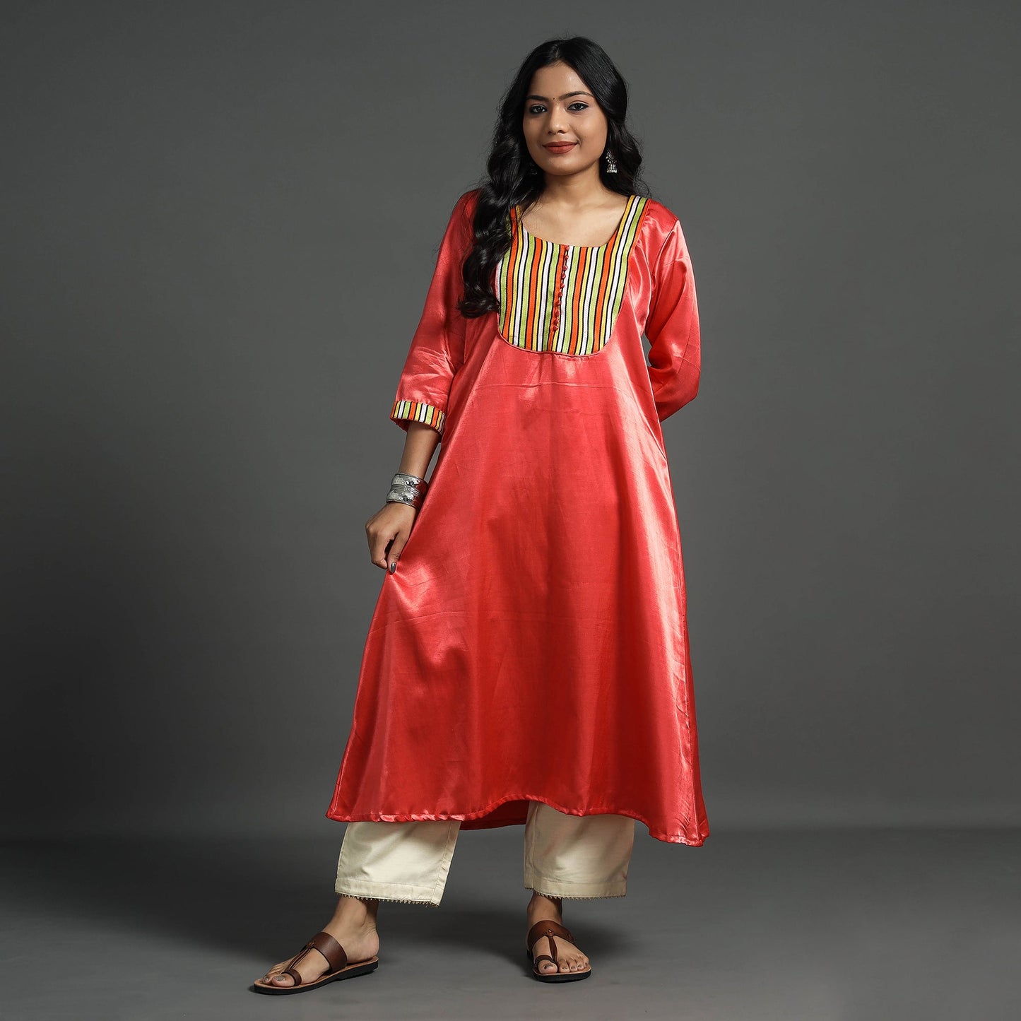  Fiery Rose Pink Plain Mashru Silk with Patchwork Floral Kurta 
