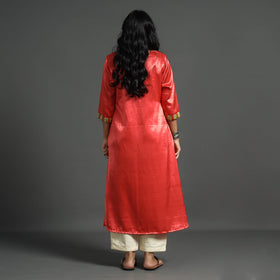  Fiery Rose Pink Plain Mashru Silk with Patchwork Floral Kurta 