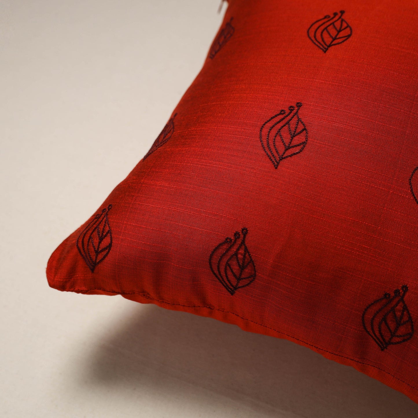 Red - plain slub silk hand embroidered cushion cover 03