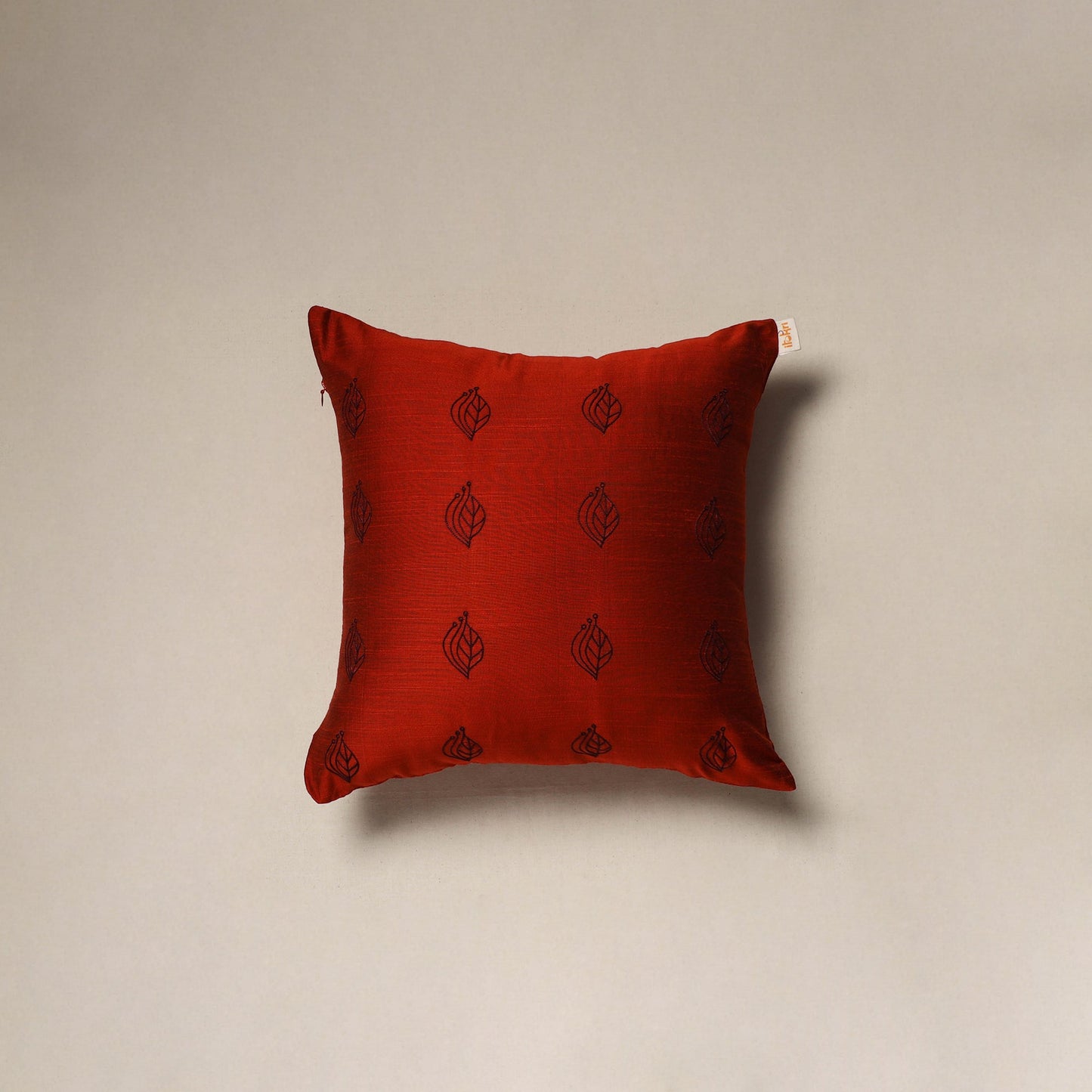 Red - plain slub silk hand embroidered cushion cover 03