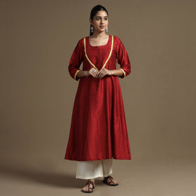  Plain Solid Slub Silk Kurta with Beadwork Hand Embroidery Lace 