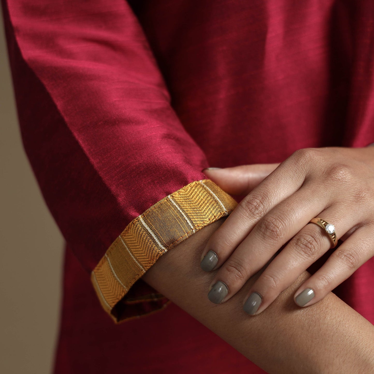 Maroon - red plain - solid slub silk mashru patchwork kurta