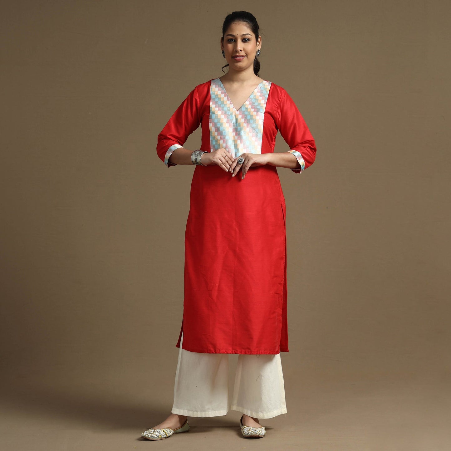 Buy Plain Solid Slub Silk Straight Kurta for Women