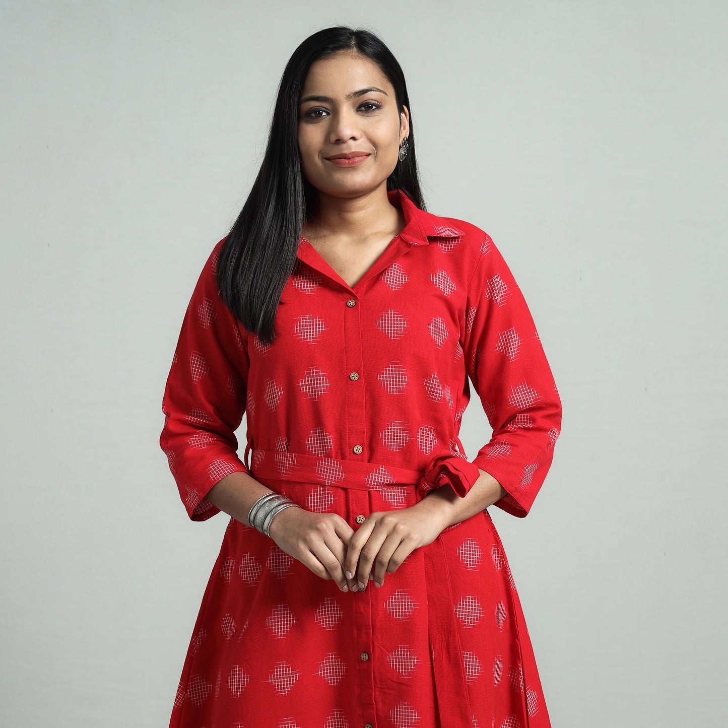 Red - pochampally double ikat cotton flared dress with belt