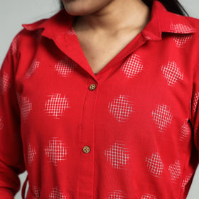 Red - pochampally double ikat cotton flared dress with belt