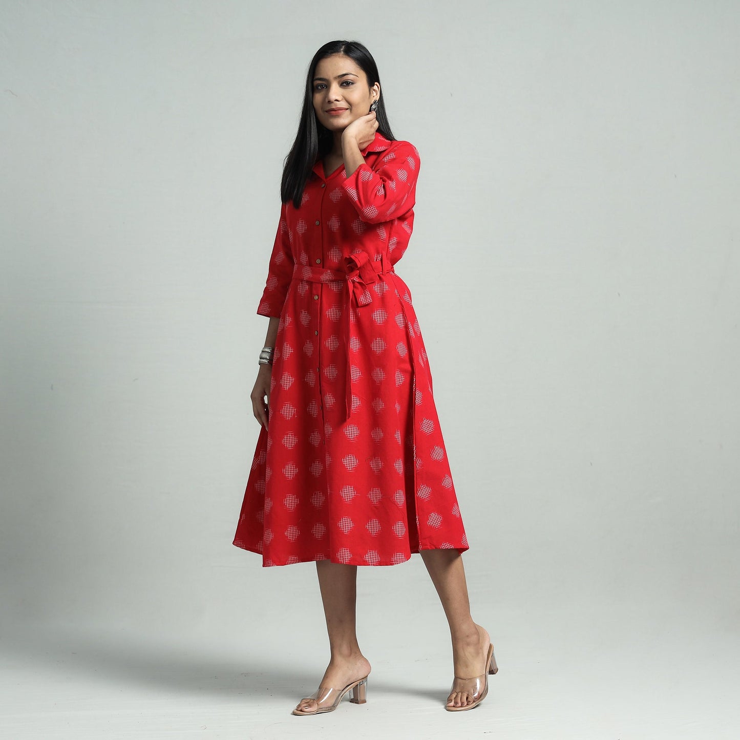 Red - pochampally double ikat cotton flared dress with belt