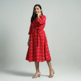 Red - pochampally double ikat cotton flared dress with belt