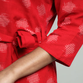Red - pochampally double ikat cotton flared dress with belt
