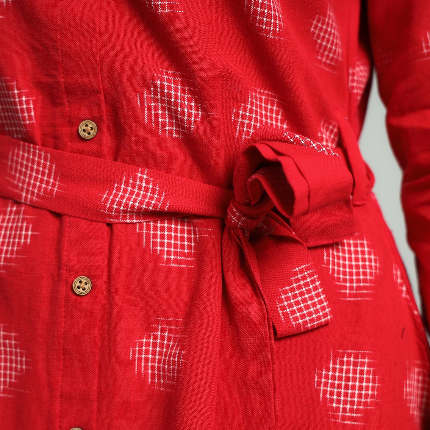 Red - pochampally double ikat cotton flared dress with belt