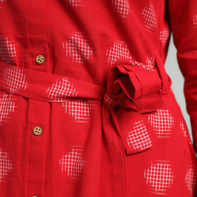 Red - pochampally double ikat cotton flared dress with belt