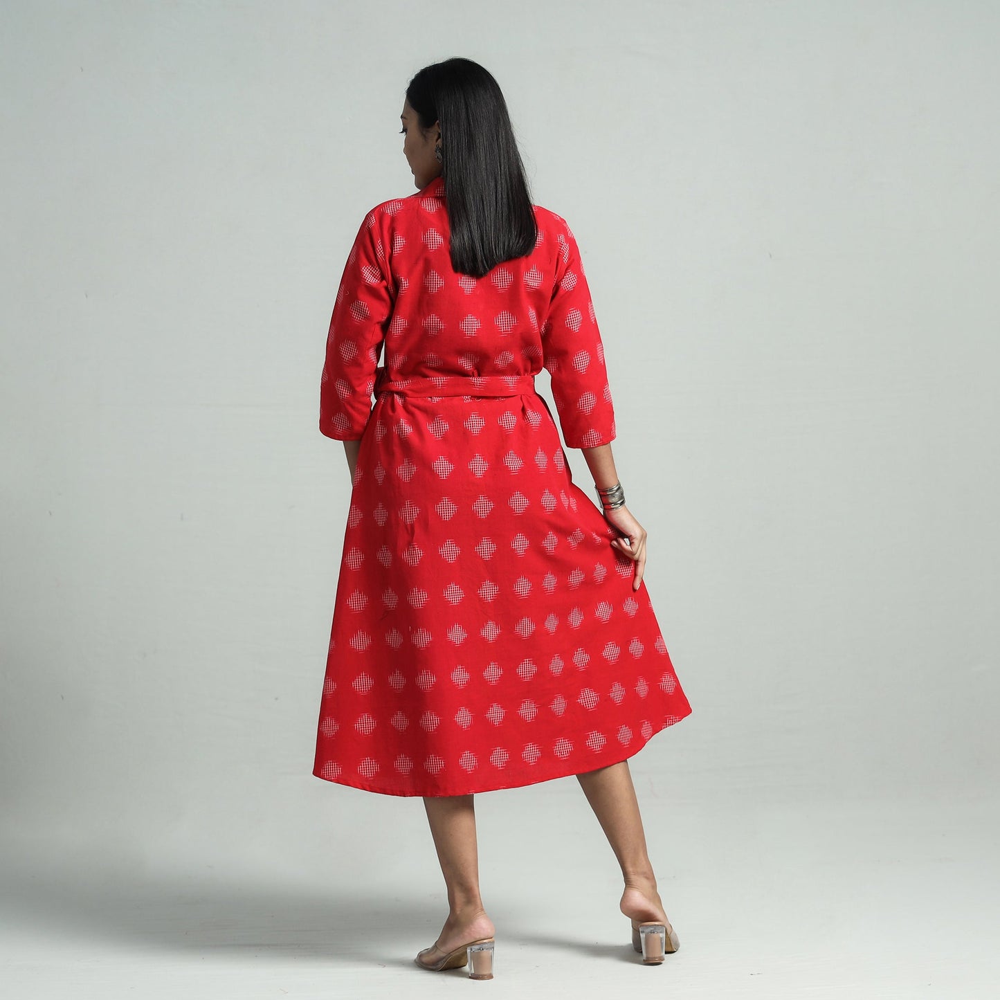 Red - pochampally double ikat cotton flared dress with belt