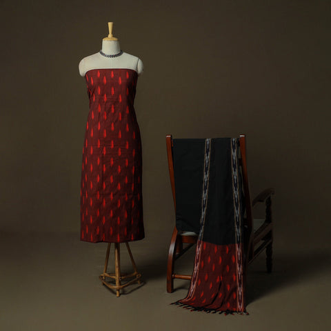 Red - pochampally ikat 3pc cotton unstitched dress material