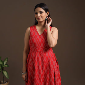 Red Pochampally Ikat Cotton Flared Dress for Women