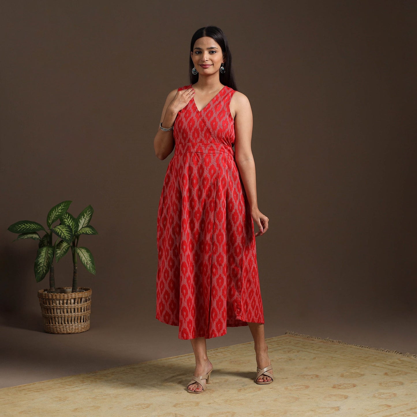 Red Pochampally Ikat Cotton Flared Dress for Women
