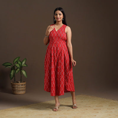 Red Pochampally Ikat Cotton Flared Dress for Women