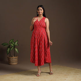 Red Pochampally Ikat Cotton Flared Dress for Women