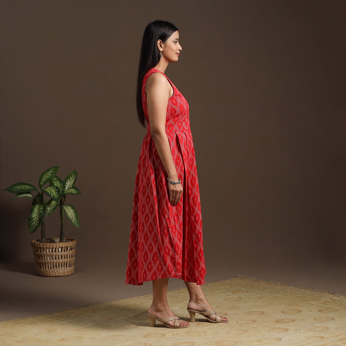 Red Pochampally Ikat Cotton Flared Dress for Women