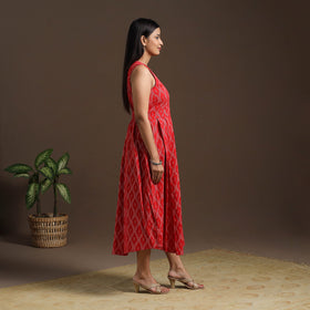 Red Pochampally Ikat Cotton Flared Dress for Women