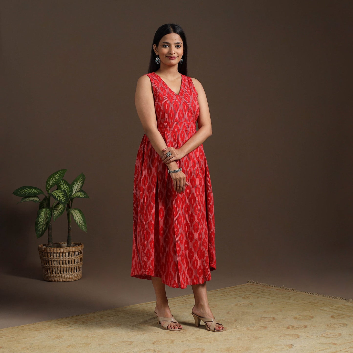 Red Pochampally Ikat Cotton Flared Dress for Women