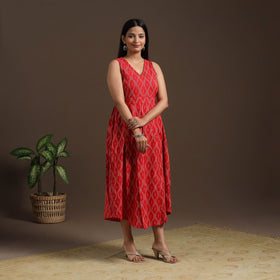 Red Pochampally Ikat Cotton Flared Dress for Women