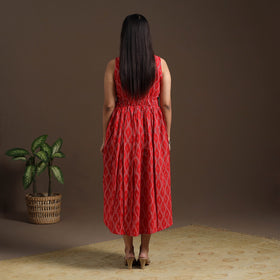 Red Pochampally Ikat Cotton Flared Dress for Women