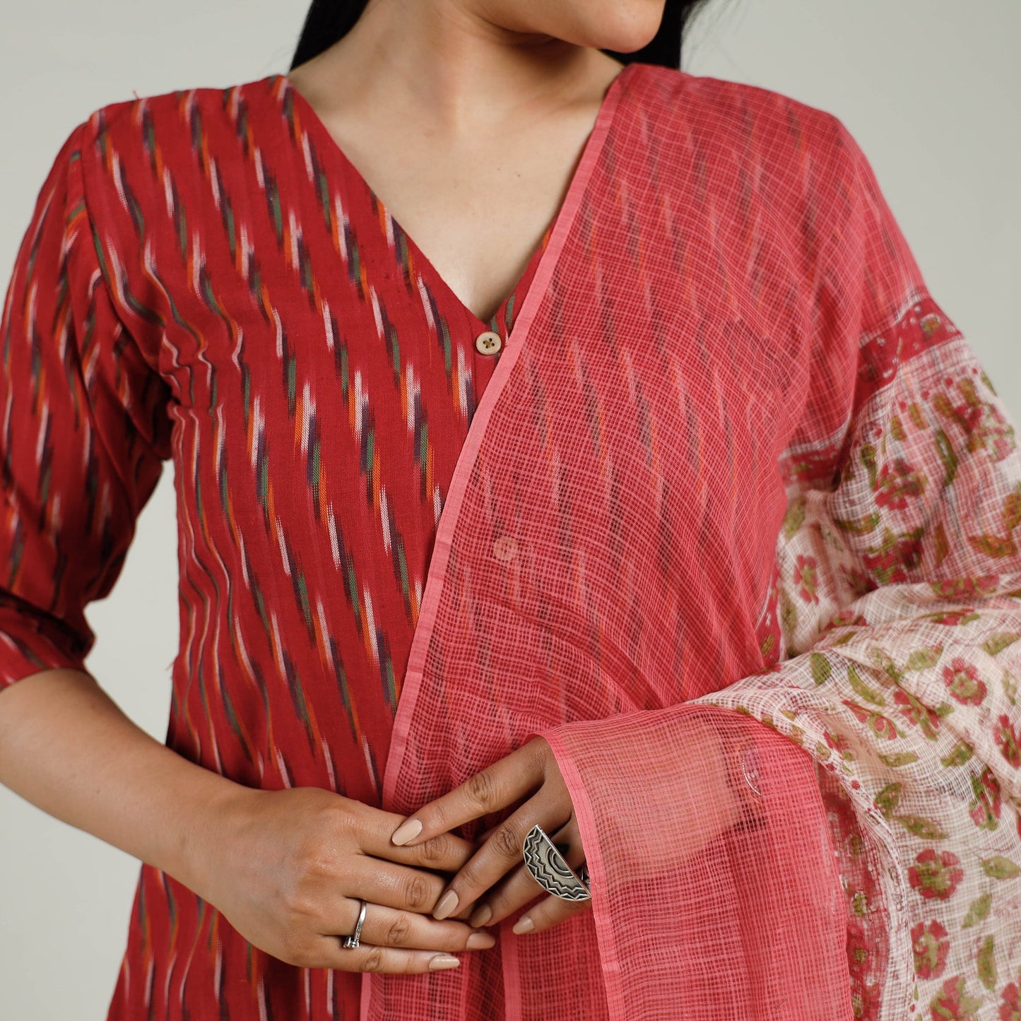  Pochampally Ikat Weave Cotton Kurta with Palazzo & Dupatta Set 
