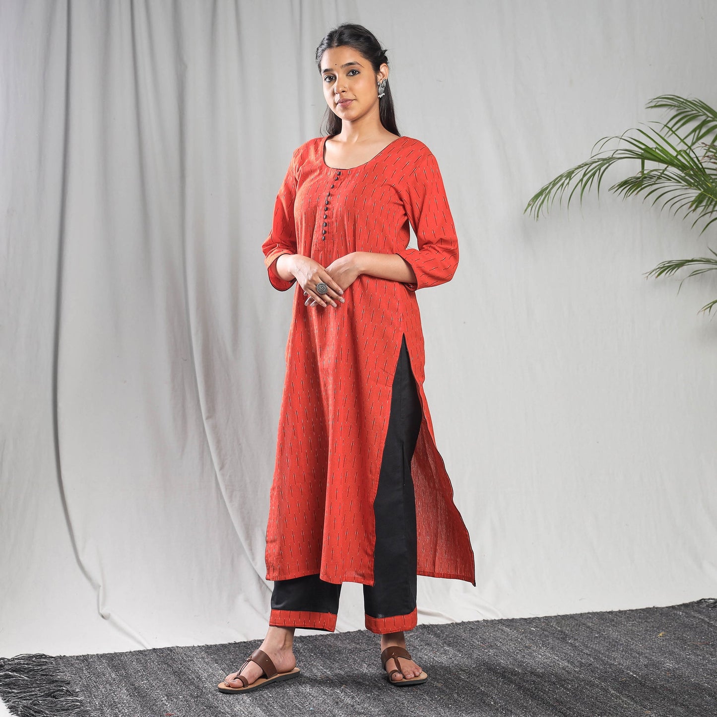 Red - pochampally ikat cotton kurta with palazzo & dupatta