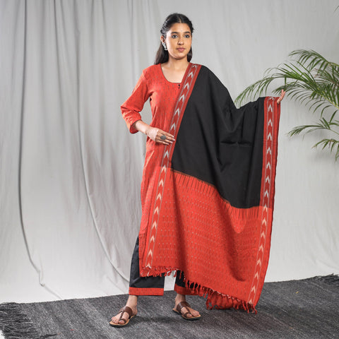 Red - pochampally ikat cotton kurta with palazzo & dupatta