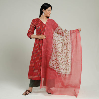  Pochampally Ikat Weave Cotton Kurta with Palazzo & Dupatta Set 