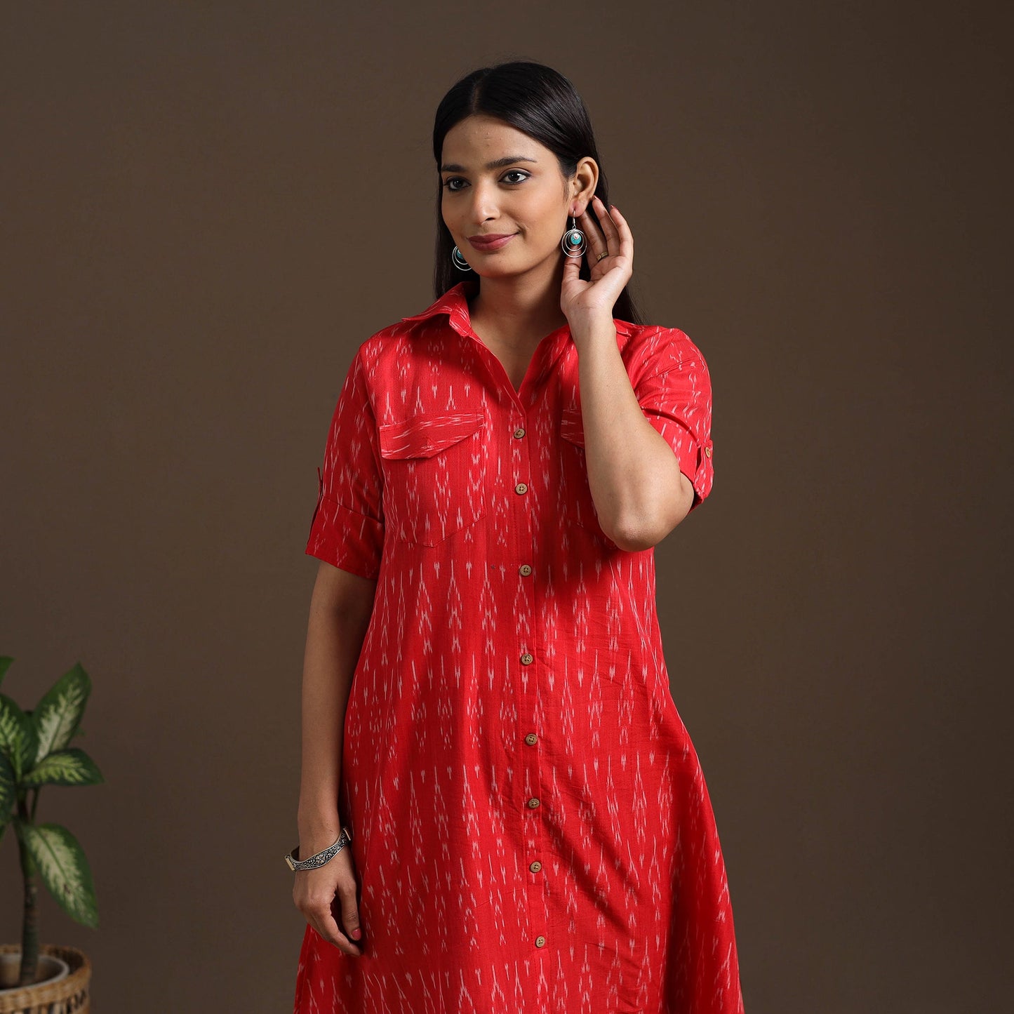 Red Pochampally Ikat Cotton Shirt Midi Dress for Women