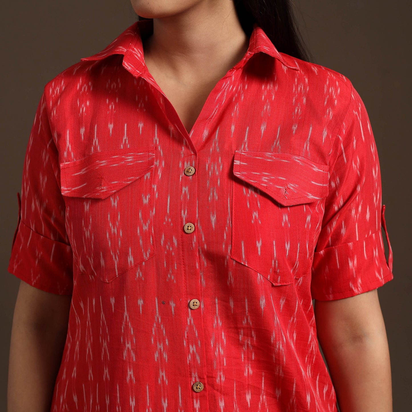 Red Pochampally Ikat Cotton Shirt Midi Dress for Women
