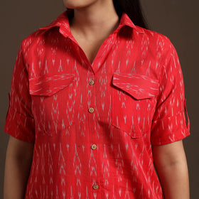 Red Pochampally Ikat Cotton Shirt Midi Dress for Women