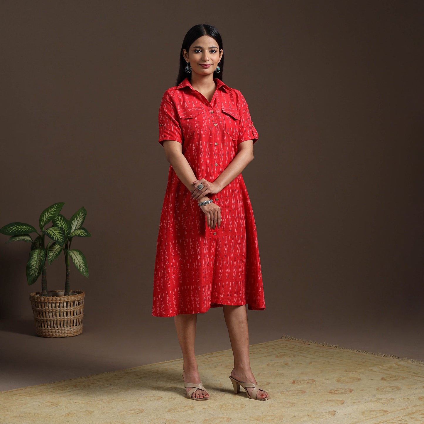 Red Pochampally Ikat Cotton Shirt Midi Dress for Women