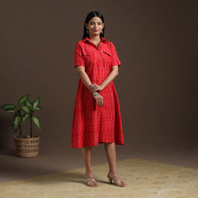 Red Pochampally Ikat Cotton Shirt Midi Dress for Women