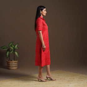 Red Pochampally Ikat Cotton Shirt Midi Dress for Women