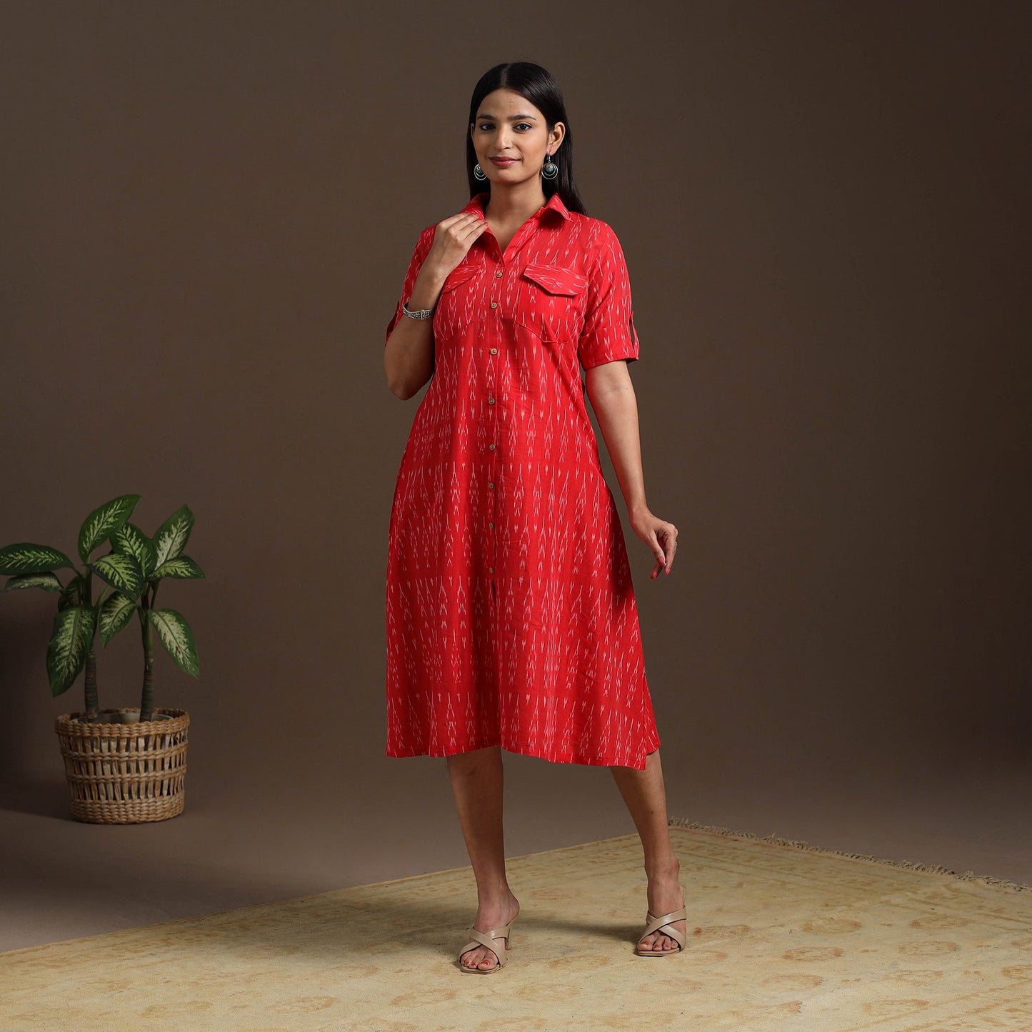Red Pochampally Ikat Cotton Shirt Midi Dress for Women