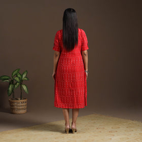 Red Pochampally Ikat Cotton Shirt Midi Dress for Women