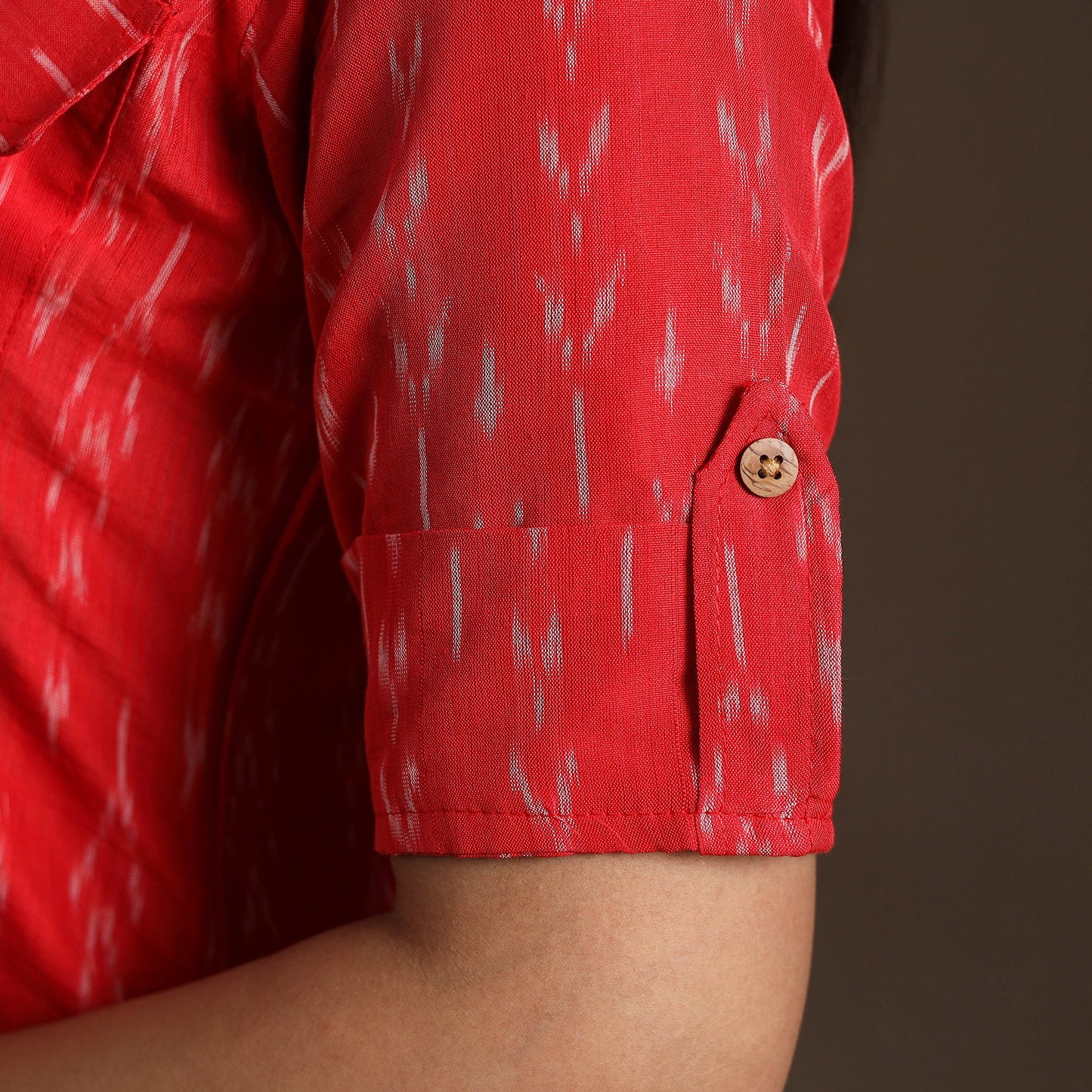 Red Pochampally Ikat Cotton Shirt Midi Dress for Women