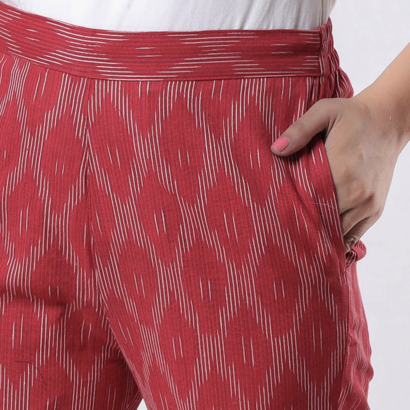 Red - pochampally ikat cotton tapered casual pant for women