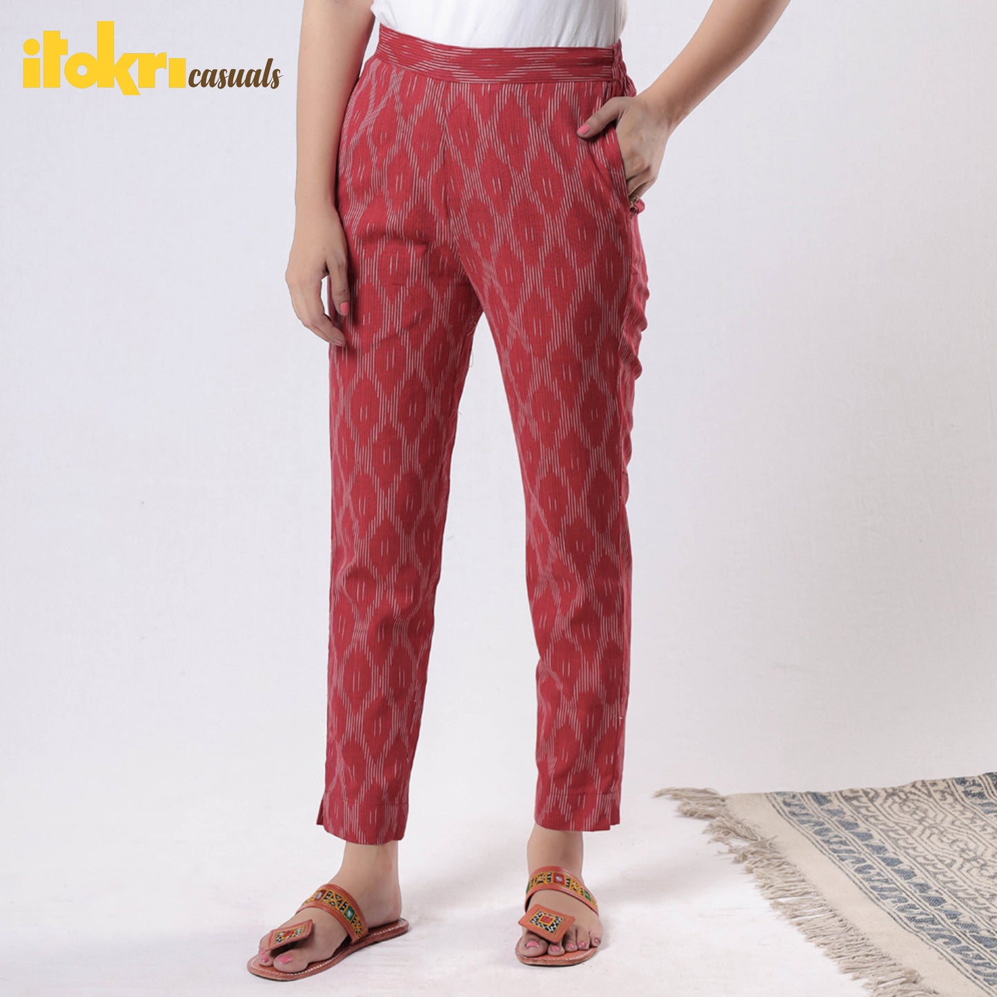 Red - pochampally ikat cotton tapered casual pant for women