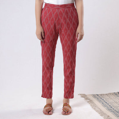 Red - pochampally ikat cotton tapered casual pant for women