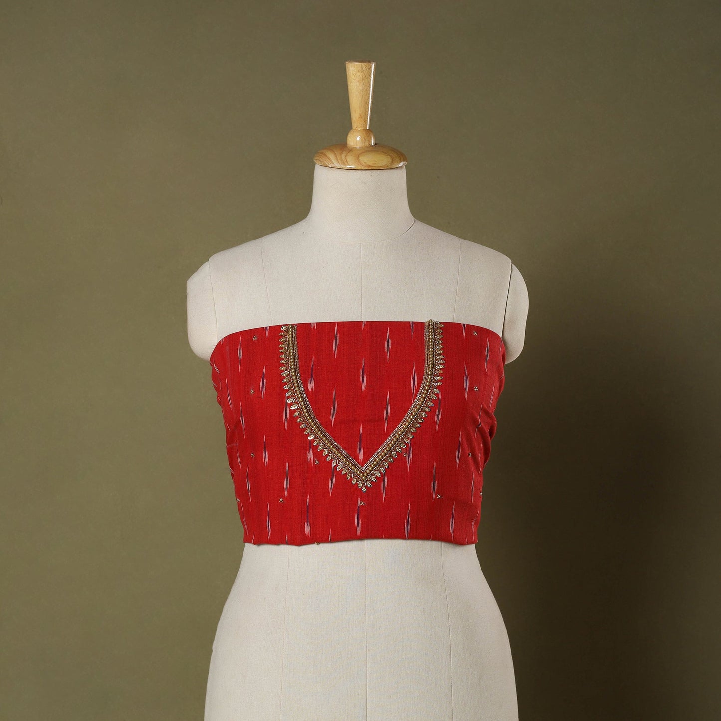 Red - pochampally ikat hand embroidery cotton blouse piece