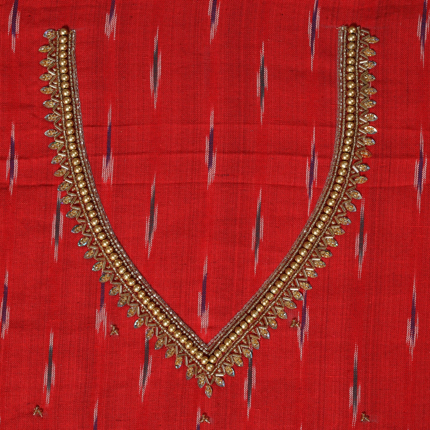 Red - pochampally ikat hand embroidery cotton blouse piece