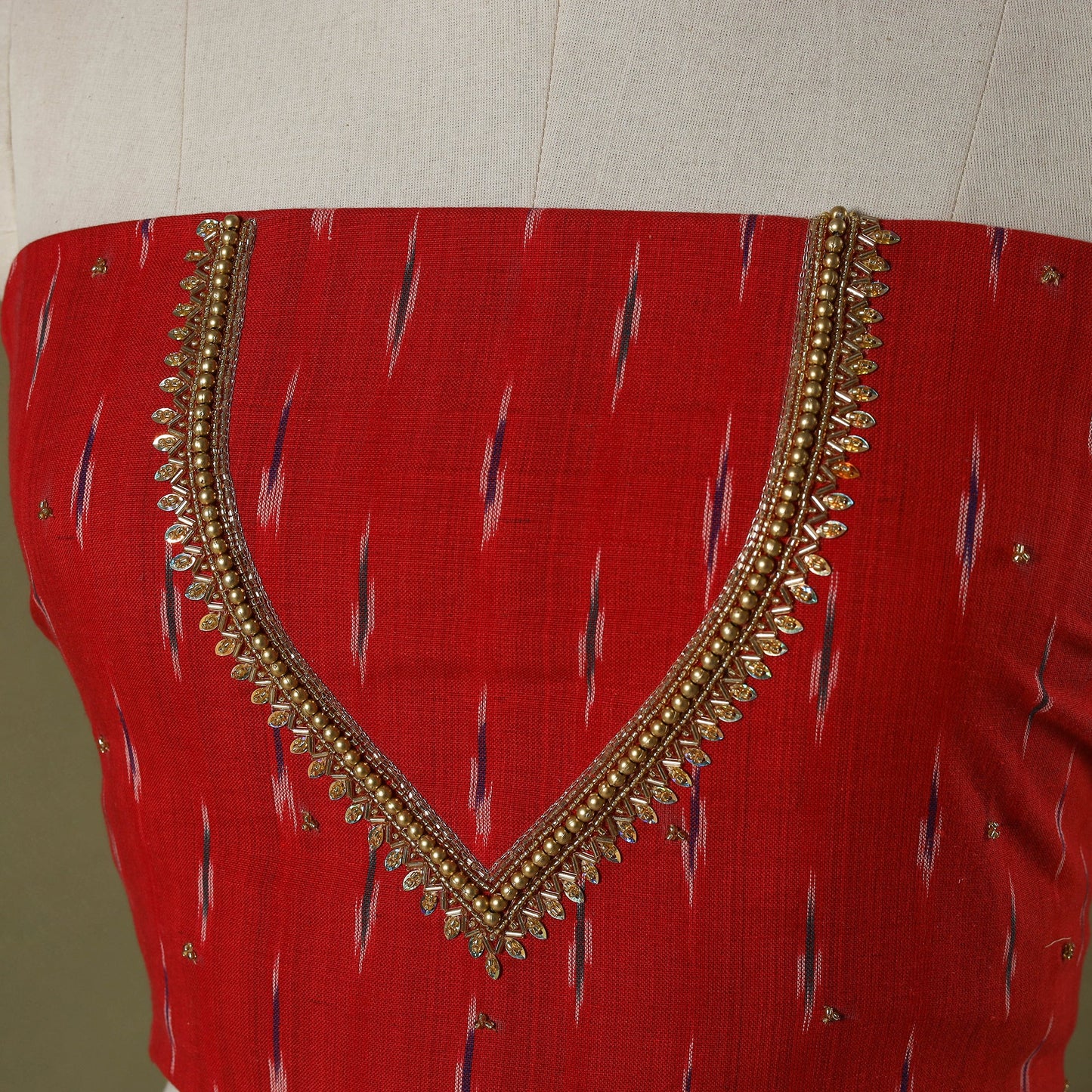 Red - pochampally ikat hand embroidery cotton blouse piece