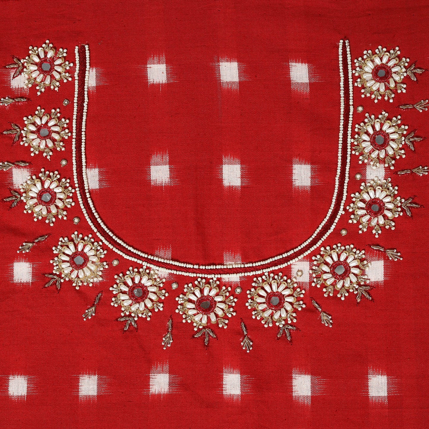 Red - pochampally ikat hand embroidery cotton blouse piece